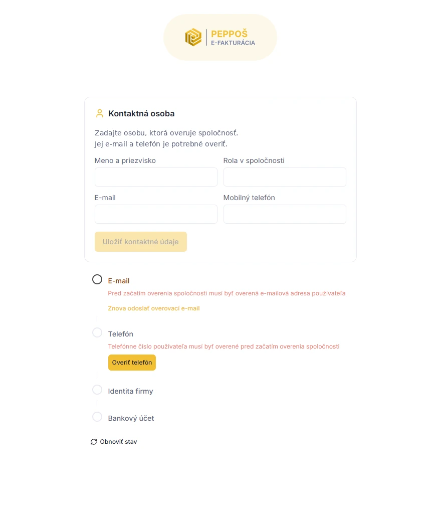 Ukážka KYC sprievodcu Peppoš – kontaktné údaje, overenie e-mailu a telefónu, identita firmy a bankový účet.